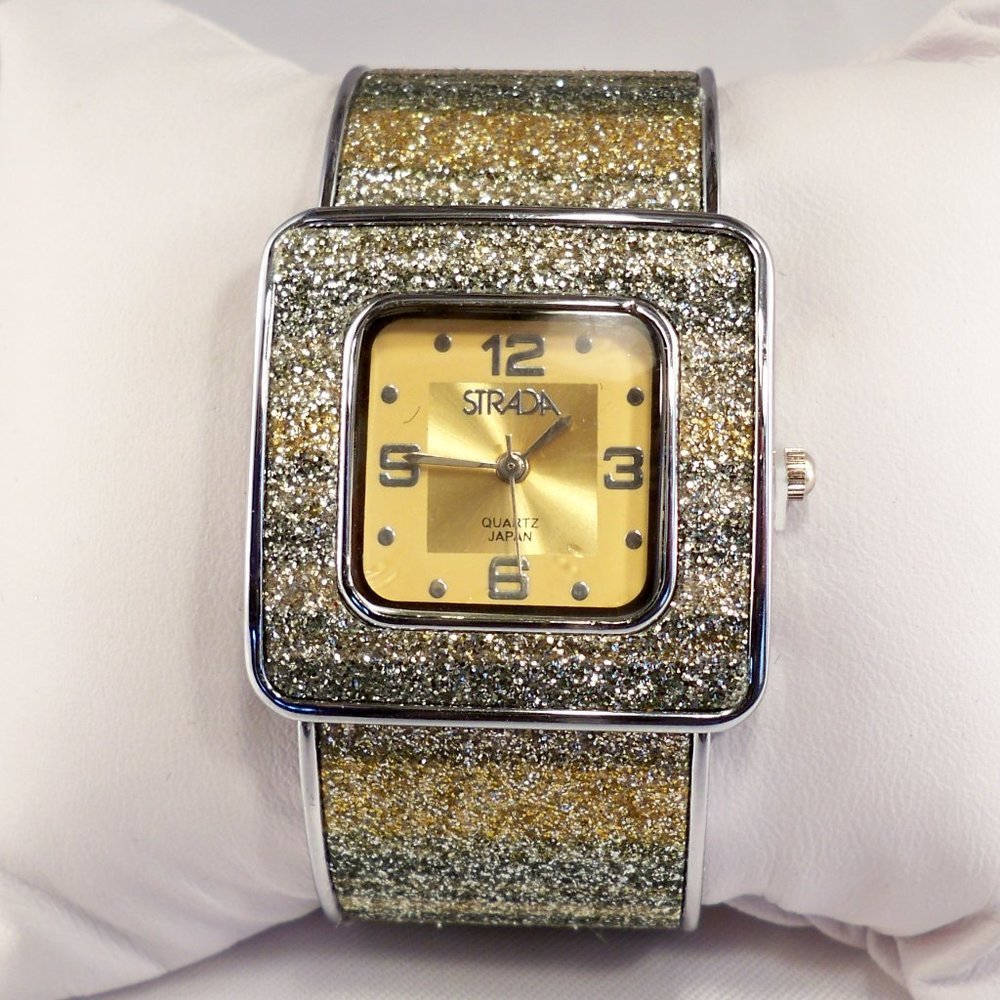 New Vintage Strada Gold Green Crystal Cuff Watch